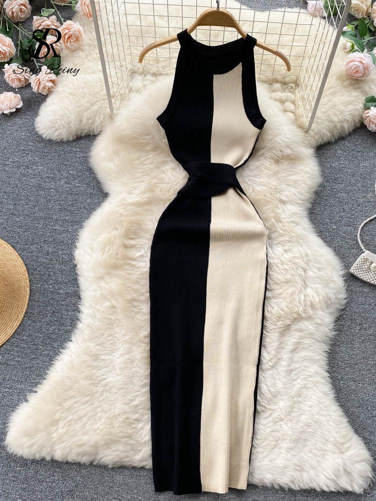 

Casual Dresses Bow Knitted Women Elegant Dress Summer 2022 O Neck Sleeveless Slim Office Lady Ladies A Line Splice DressesCasual, White