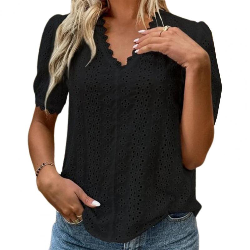 

Women's Blouses & Shirts Fashion Women Summer Solid Color T-Shirts Hollow Out Design Lace Decor See Through V-Neck Short Sleeve Casual Pullo, Green