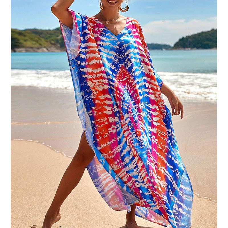 

Women's Swimwear Women Cover Up Dress Loose Beachwear Short Sleeve V Neck Printed Swimwears Summer Anti-UV Beach Female Seaside BeachwearWom