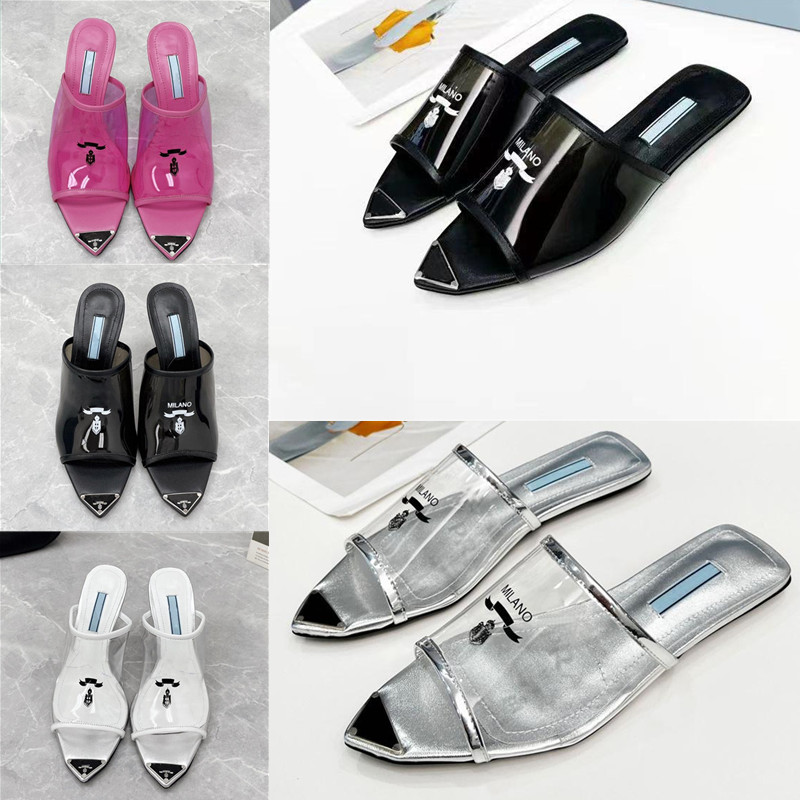 

2022 Womens Sandals High Heels Dress Shoes Slides Mules Designer Fashion Flat Pointed Toe Transparent Wedding Party Top Pvc Leather Outdoor Beach Slippers 35-40