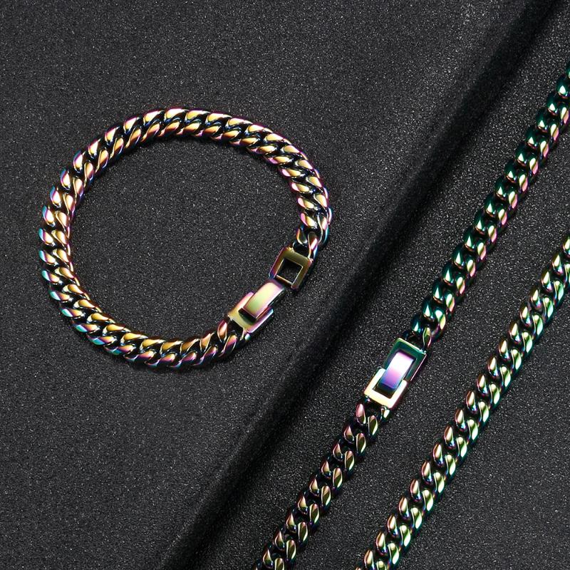 

Chains 8mm Wide Electroplating Multicolor Hip Hop Cuban Link Chain Necklaces Miami Bracelets For Men Women 316L Stainless Steel JewelryChain