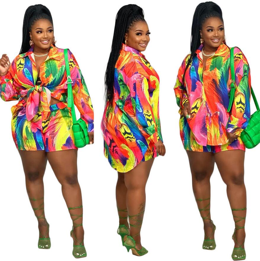 

K7108 European and American women's two-piece Pants colorful casual printed long-sleeved shirt shorts, Multi 7108