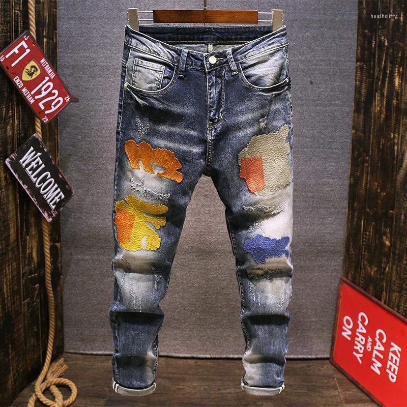 

Men's Jeans Fashion Streetwear Men Retro Blue Patches Designer Slim Fit Ripped For Elastic Punk Style Hip Hop PantsMen's Heat22