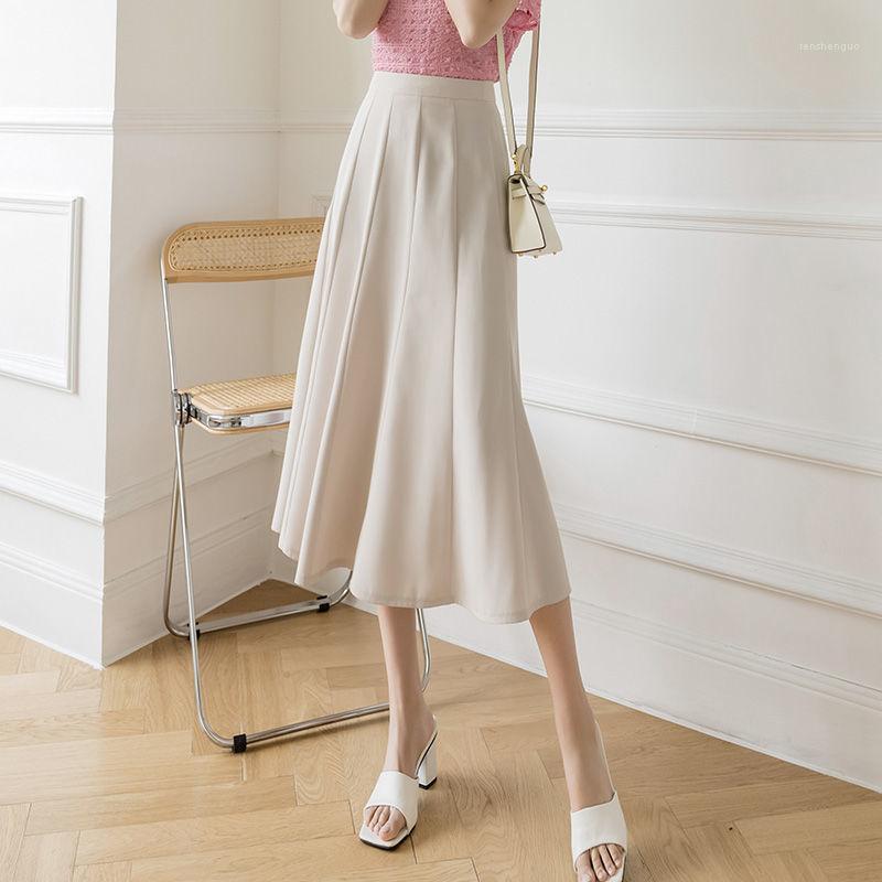 

Spring Summer Female Elegant Work Wear Soft Chiffon Skirts Women Vintage High Waist Solid Color Mid-length Skirt Y170, Black