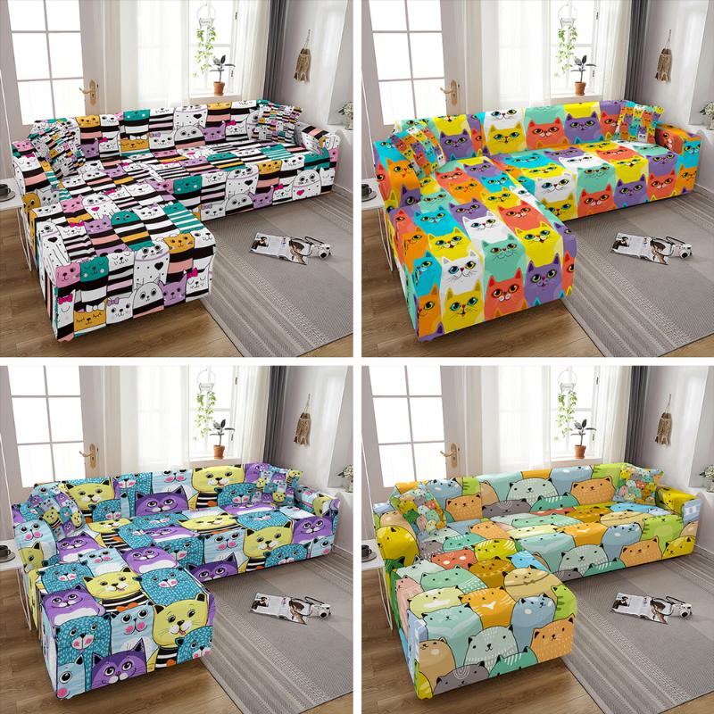 Chair Covers Cartoon Cat L Shaped Sofa Cover Elastic Couch For Living Room 1/2/3/4Seat Funda De Sofá Esquina Chaise Lounge Slipcover-image-760033423