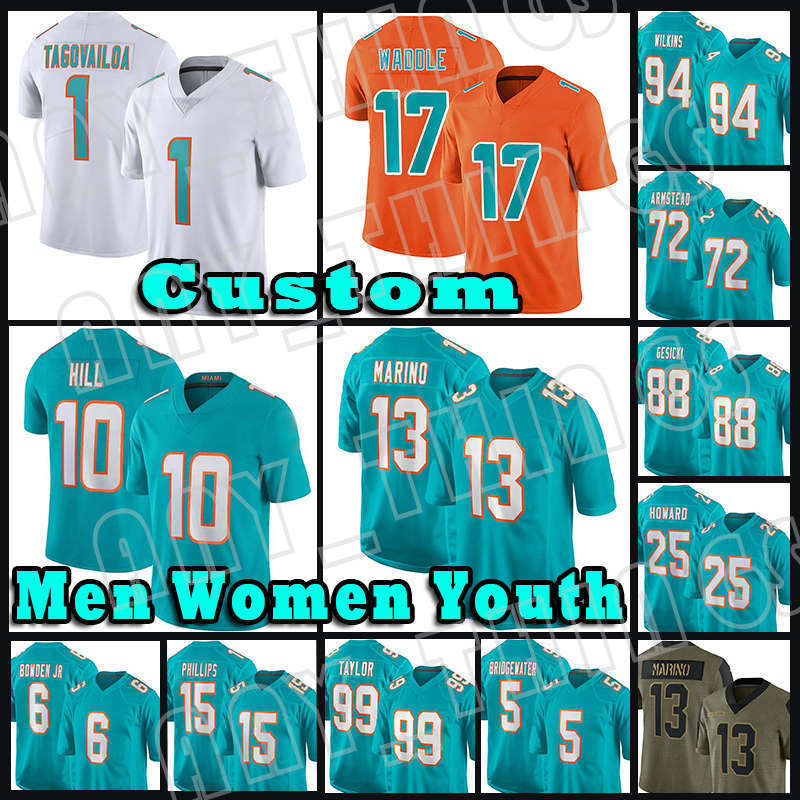 

10 Tyreek Hill 17 Jaylen Waddle Football Jerseys 1 Tua Tagovailoa 13 Dan Marino 25 Xavien Howard 15 Jaelan Phillips 8 Jevon Holland 5 Teddy Bridgewater 88 Mike Gesicki, Custom men (hai tun)