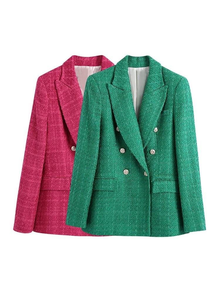 

Women's Suits & Blazers Huaxiafan Women Fashion Double Breasted Tweed Green Blazer Coat Vintage Long Sleeve Flap Pockets Female Outerwear Ch, As picture