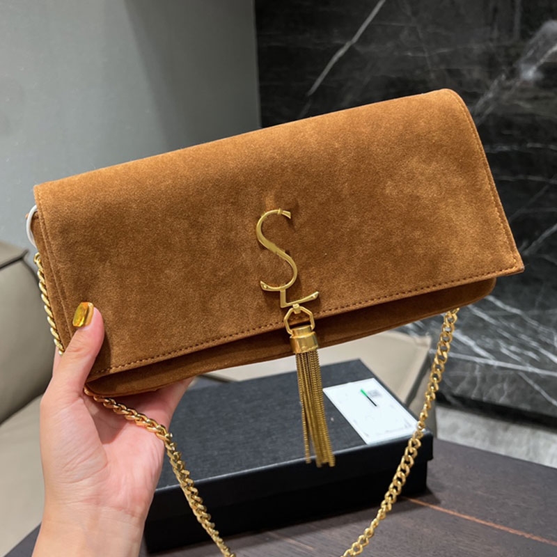 

Chains Kate Crossbody Bag Flip Clutch Bags Tassel Women Handbag Purse Suede Leather Envelope Fashion Metal Letters Detachable Strap Plain Thread Hasp Hardware, Black suede