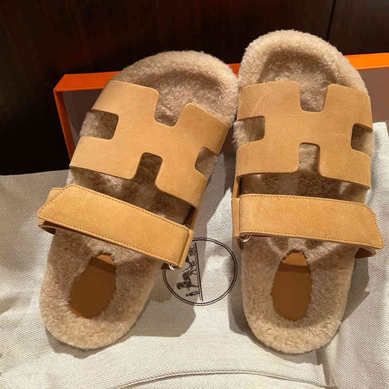 

Designer Chypre Slipper Herme Sandals Autumn and Winter Women's Slippers with Woolen British Flat Bottomed Second Uncle Shoes, Khaki
