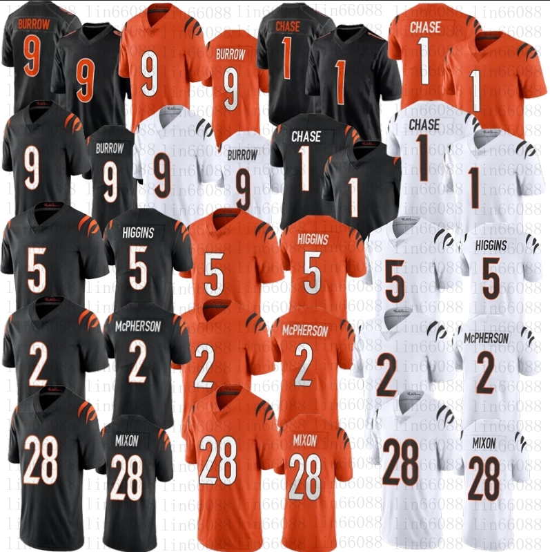 

Men Football 1 Ja'Marr Chase 9 Joe Burrow 2 Evan McPherson 5 Tee Higgins 28 Mixon stitched Jersey, New