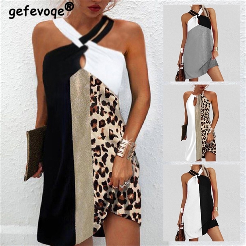 

Sexy Halter Neck Leopard Patchwork Printing Mini Dress Sleeveless Beach Casual Summer Dresses Woman Oversized Loose Tunics 220613