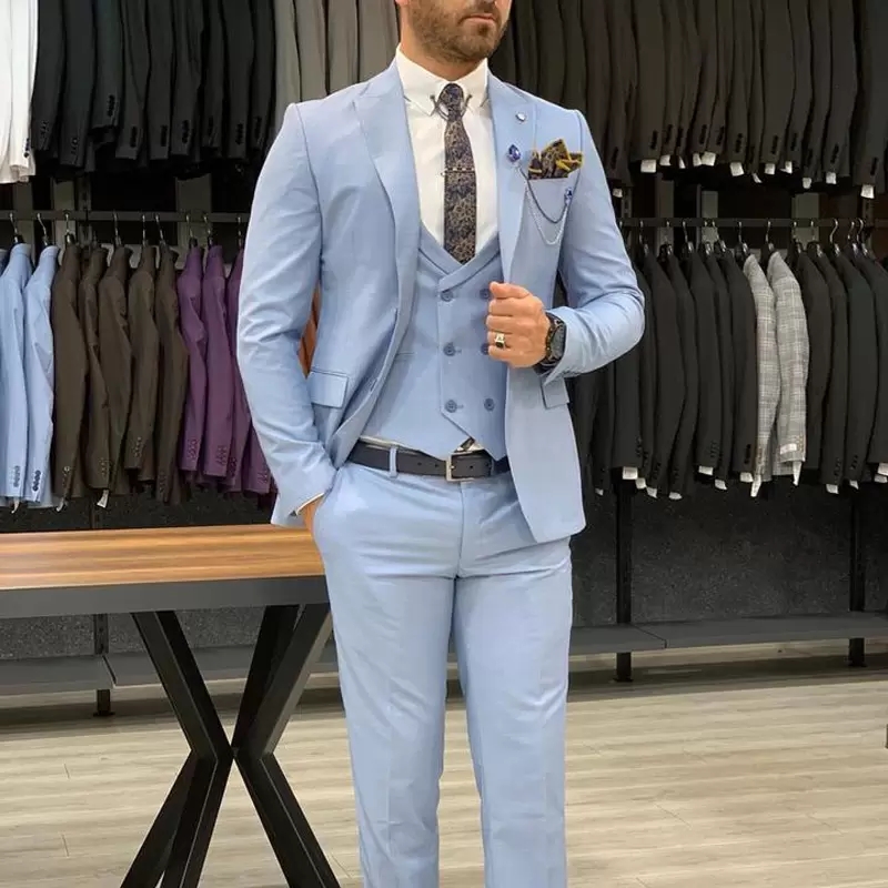 Hommes Manteau Pantalon Costumes Ciel Clair Deux Boutons De Mariage Sur Mesure Fête Bal D'affaires Blazer 3 Pièces