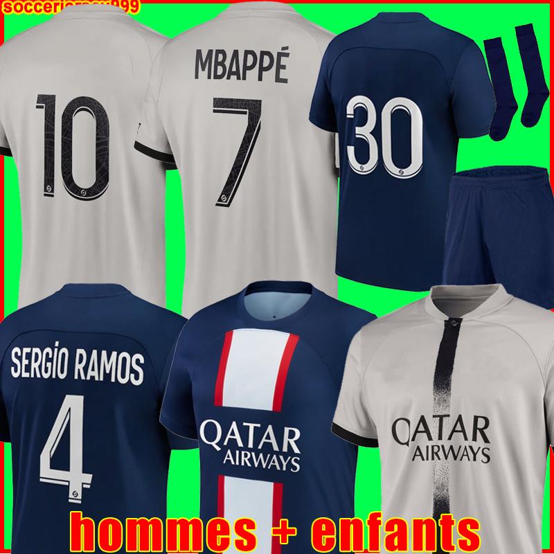 

MBAPPE 7 HAKIMI 22 23 soccer jersey 30 10 FANS PLAYER SERGIO RAMOS pSGS Maillots de football shirt 2022 2023 MARQUINHOS VERRATTI HAKIMI men kids kit sets