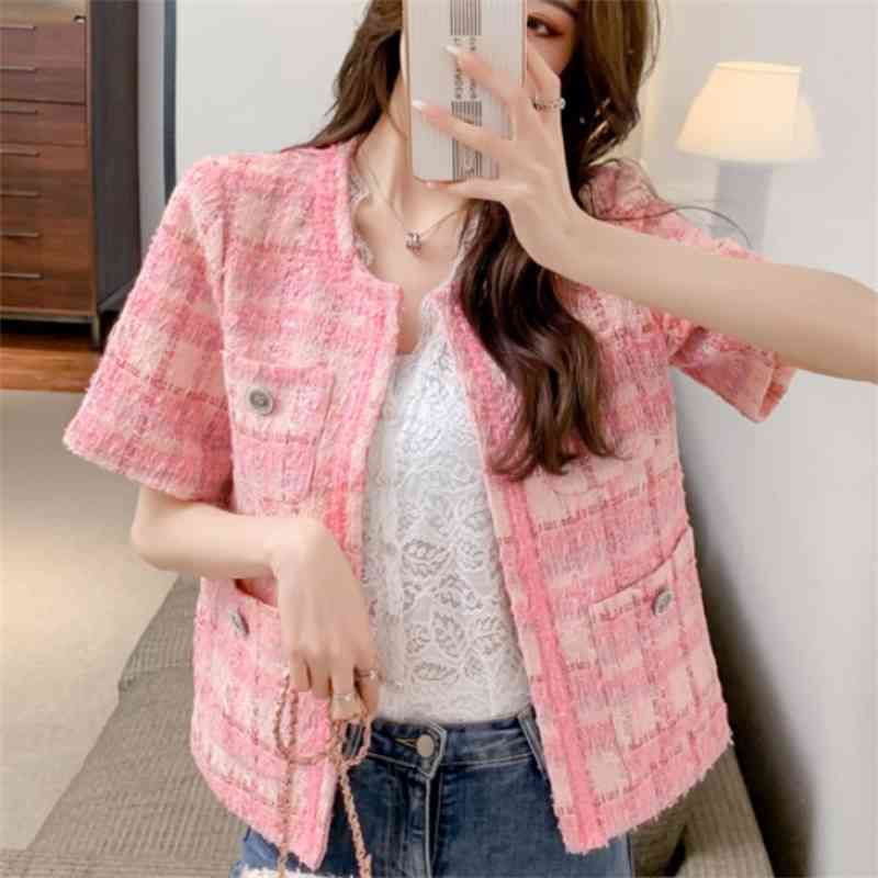 

Temperament Ladies Korea Style Pink Plaid Tweed Women Short Sleeve Jacket Spring Elegant Female Fashion Casual OL Cardigan 210526