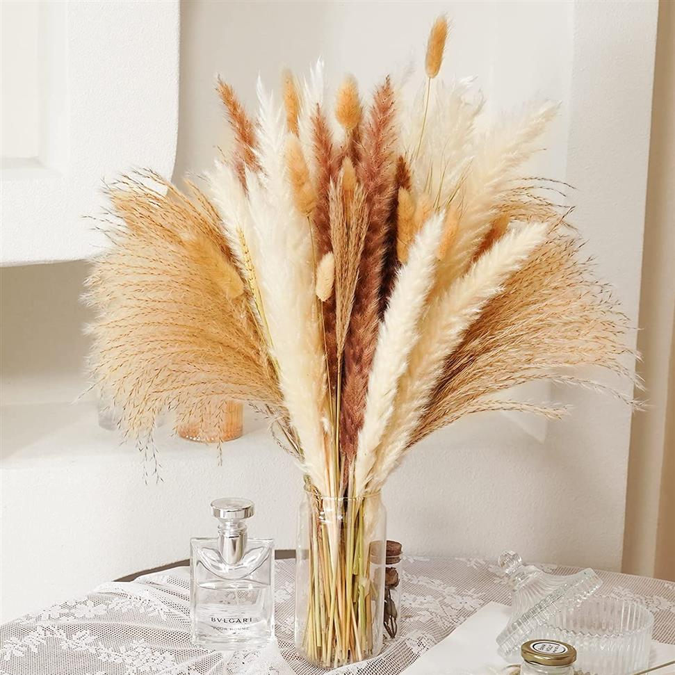 

80 Pcs Dried Pampas Decor Natural Brown & White Pompous Grass Dried Bunny Tails Wheat Reed Boho Home Wedding Flower Arrangement219Q, 80pcs no vase