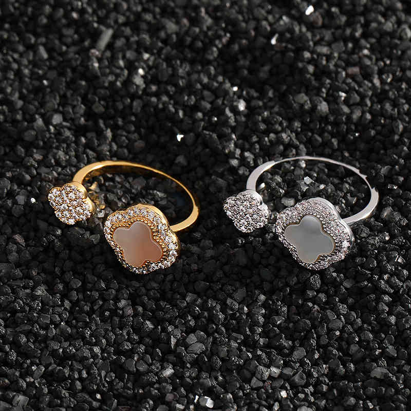 

Gold Plated Clover Opening Ring Zircon Diamond French Small Fragrance Female