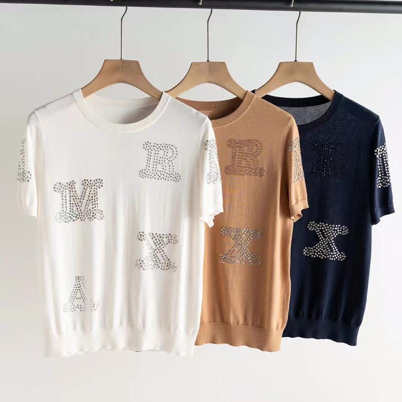 

Women' Sweaters Letter Rhinestone Decoration Women Thin Sweater Short Sleeve Knitwear O-neck Simple Fashion Female Pullover TopsWomen, White