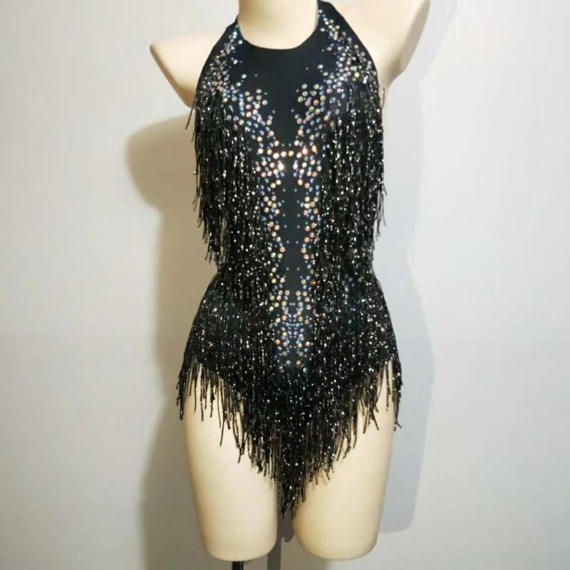 

Women's Two Piece Pants Sexy Tassel Rhinestone Latin Dance Bodysuits Female Nightclub Halter Backless DJ Pole Dancing Leotard Elastic Stage, Black