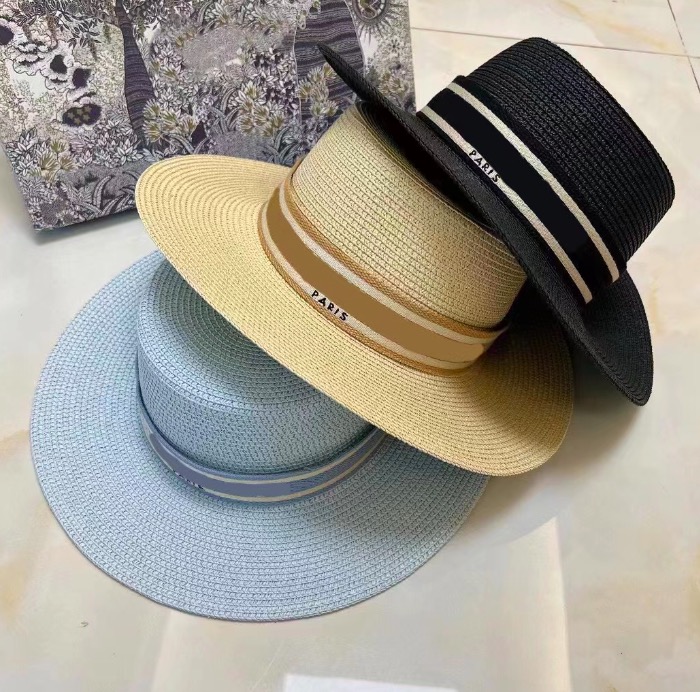 

Women Summer Brand Letter Straw Hats UV Protection Sun Hat Ladies Simple Round Flat Top Beach Caps Sunshade Fisherman Cap Men Womens 8 Colors, 04