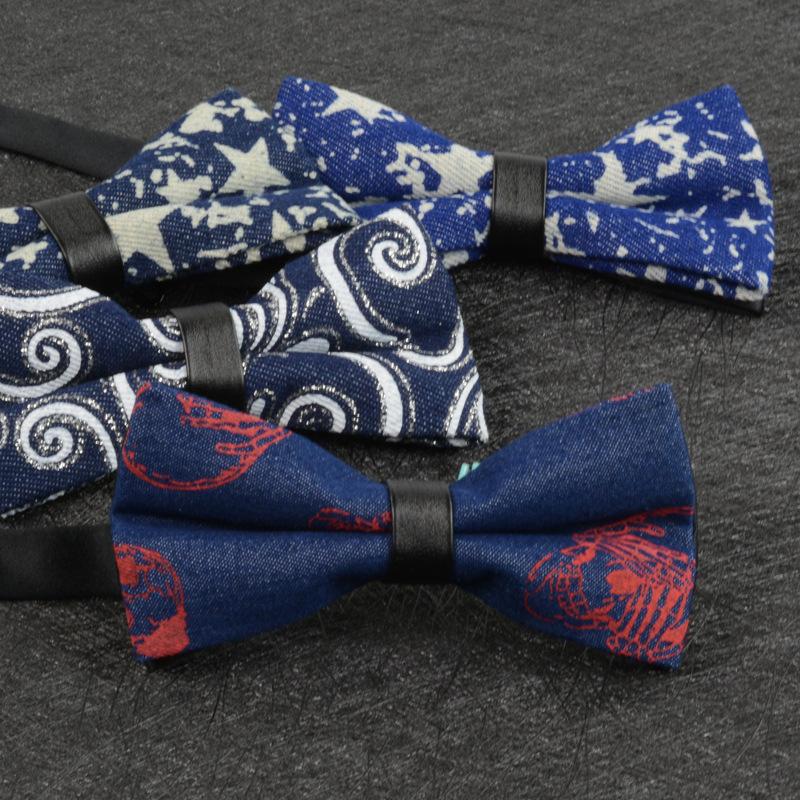 

Bow Ties Cotton Mens Retro Style Denim Skull Print Bowtie Casual Business Party Womens Butterfly Tie Star Navy Blue Cravat TiesBow