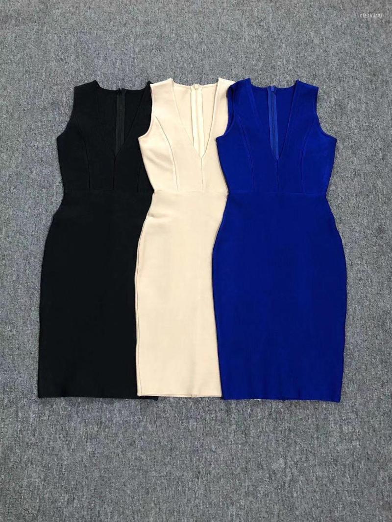 

Casual Dresses Elegant Bandage Bodycon Dress Women Summer Sexy Sleeveless Party V-Neck Slim Knit Vestidos Femme Blue, Black