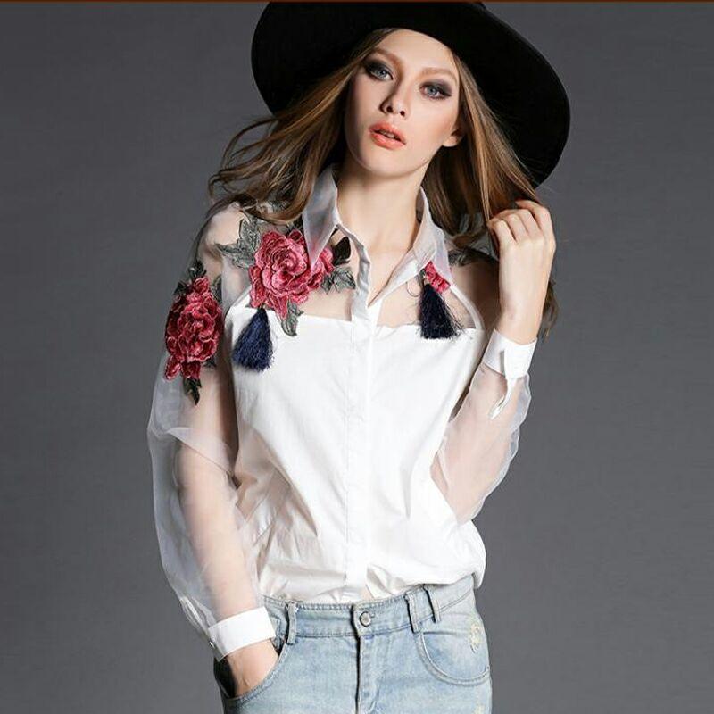 

Women's Blouses & Shirts Embroidered Flower Shirt 2022 Summer Autumn Women Organza Splicing Long Sleeve Casual Elegant OL White ShirtWomen's, Black