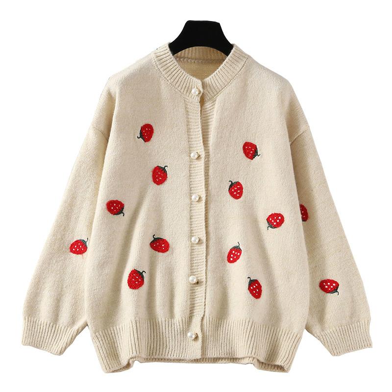 

Women's Knits & Tees Spring Autumn Knit Oversize Cardigan Female Jacket 2022 Strawberry Embroidery O Neck Knitshirt Sweater Women Pearl Butt, White