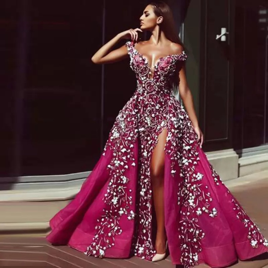 

2022 Split Evening Dresses With Detachable Train Pink Beads Mermaid Appliqued Prom Gowns Lace Luxury Party Dress robes de soirée, Water melon