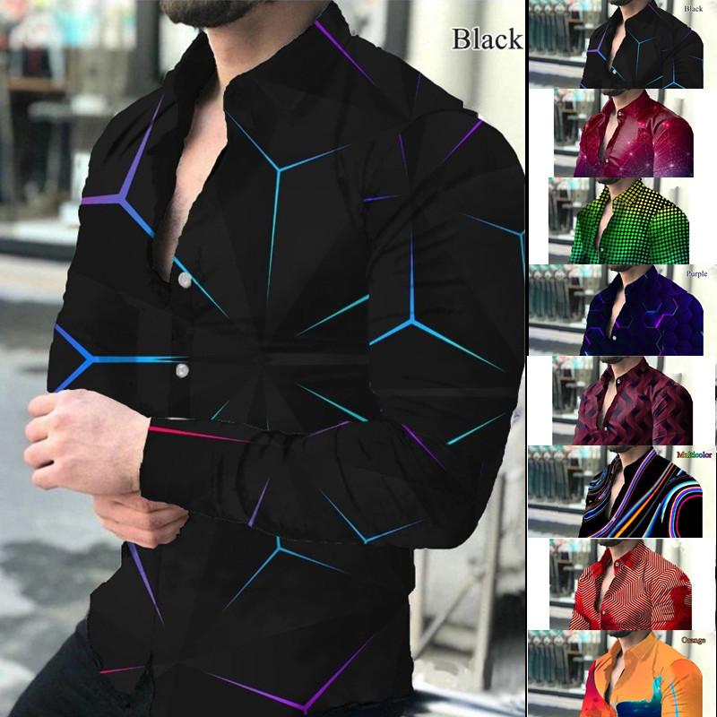 

Men's Casual Shirts Men's Fashion Printed Long Sleeve Button Geometric Gradient Tops Lapel ShirtsMen's