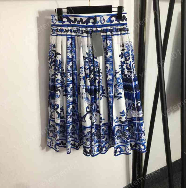 

Fashion Womens Skirts Dresses Blue And White Porcelain Print High Waist Pleated Skirt Elegant Luxury Designer Women Clothing 0912