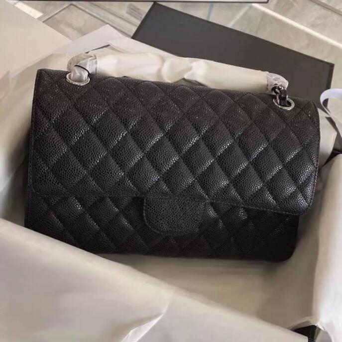 

TZ Women Luxury Designer Bags Black Caviar Cowhide Classic Handbags Crossbody Bags Flap Gold-Tone/Silver Metal Chains Diamond Quilting Shoulder Bag For Womens 25CM, Shipping