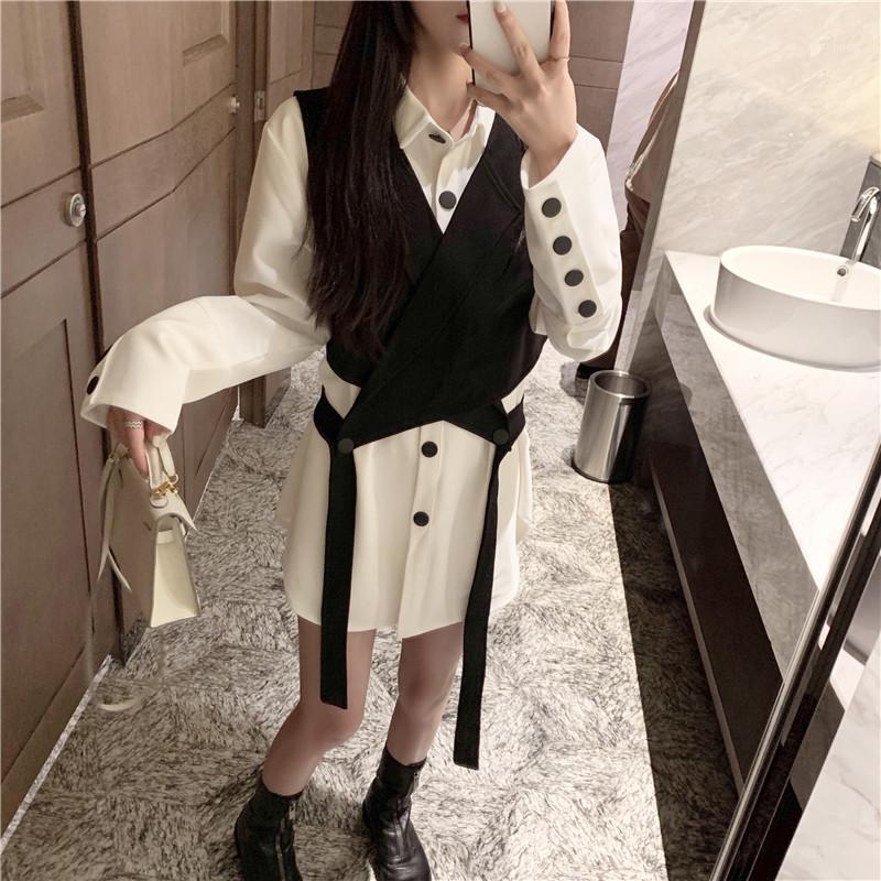

Women Autumn Fashion 2pc Shirt Sets Long Sleeve White Shirt&Black Design Short Vest Waistcoat Female Chic Two Piece Tops Outfits Women's Blo, Only black vest