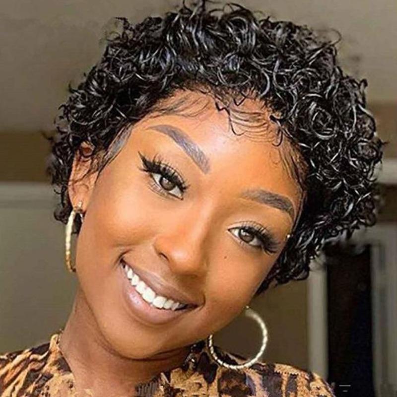 

Lace Wigs Pixie Cut Wig Short Curly Remy Human Hair For Black Women Under $50 Full Machine Glueless Afro 150% Density, As pic