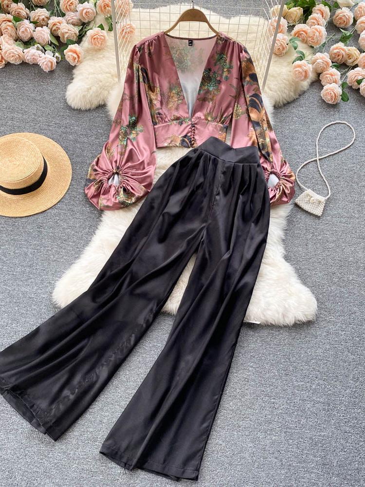 

Women's Two Piece Pants Women Floral Set Sexy Deep V-Neck Puff Long Sleeve Shirt Pullover Tops High Waist Wide Leg Black Female SuitsWomen's, White