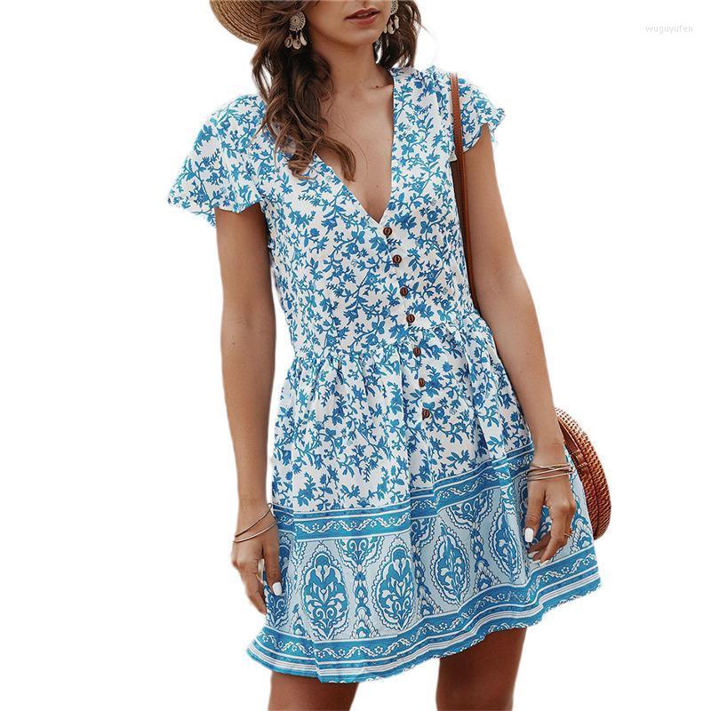 

Casual Dresses Hirigin Summer Women Strappy Boho Print V Neck Beach Dress Sleeveless Party Vacation Short Vestidos A Line Mini, Blue