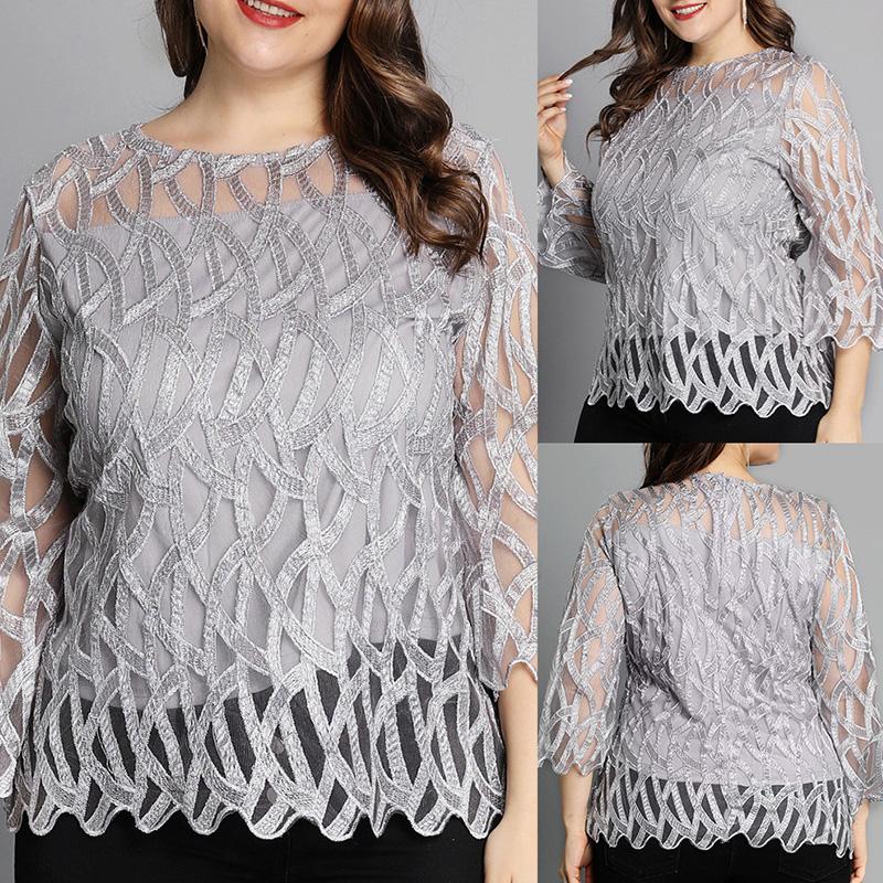 

Women's T-Shirt -6XL Lace Long Sleeve Top For Women Loose Round Neck See-through Mesh Three-quarter Temperament Elegant Lady ClothingWomen, 01