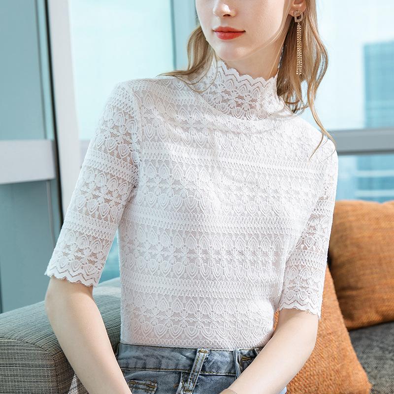 

Women' T-Shirt Half Turtleneck Lace Bottoming Shirt Women' Spring Style Wavy Sleeves With Small Mesh TopWomen, Black