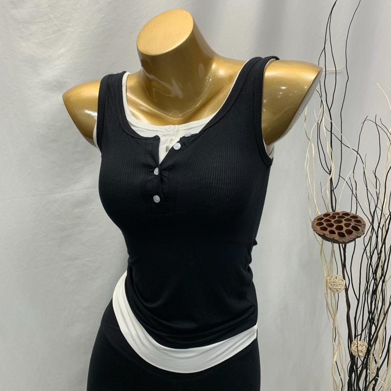

Women's Tanks & Camis False Two Pieces Knitted Women Tank Tops 2022 Summer O-Neck Sexy Slim Solid Lady Elegant Pulls Tees Outwear T-Shirts, Black