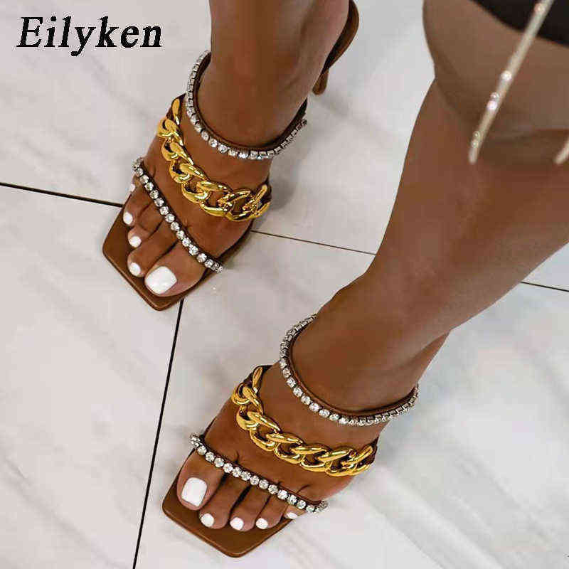 

Slippers 2022 New Summer Women High Heel Chain Crystal Stilettos Sexy Pumps Sandals Square Toe Ladies Shoes 220329, Brown