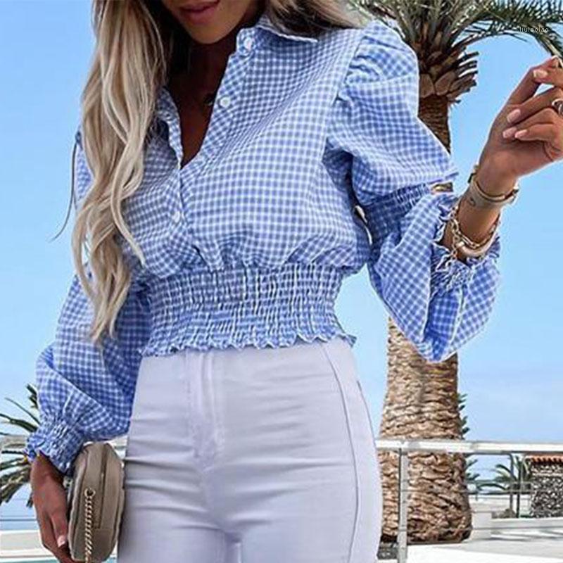 

Women' Blouses & Shirts 2022 Summer Women Casual Button Design Turn-down Collar Blouse Lantern Sleeve Shirring Detail Plaid Shirt For Daily