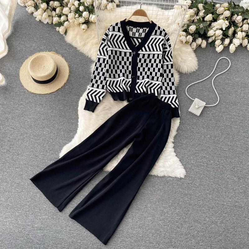 

Women's Two Piece Pants SINGREINY Autumn Winter Chic Retro Knitted Set Casual Loose Print Cardigan Wide Leg Long Suit Women, Black
