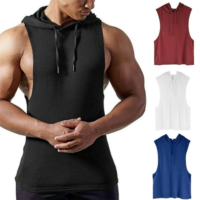 

Men' Muscle Fitness Workout Tank Tops Gym Soft Drawstring Sleeveless Hoodies Bodybuilding Sweatshirts 220518, Solid gray