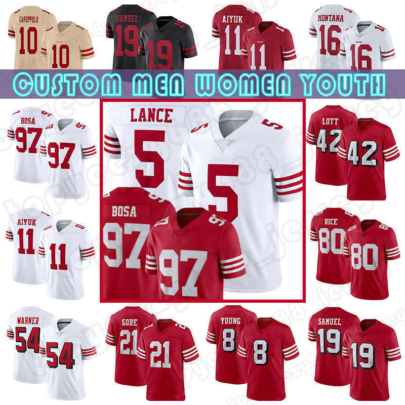 

5 Trey Lance 19 Deebo Samuel 85 George Kittle Football Jersey Nick Bosa Jerry Rice Fred Warner Jimmy Garoppolo 49ers Brandon Aiyuk San Francisco Kyle Juszczyk Young, Custom mens(49ren)