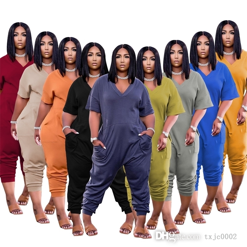 Femmes Plus Taille Combinaisons Designers Vêtements De Mode À Manches Courtes Barboteuses Col En V Longue Onesies Sportswear Avec Poches S-5XL