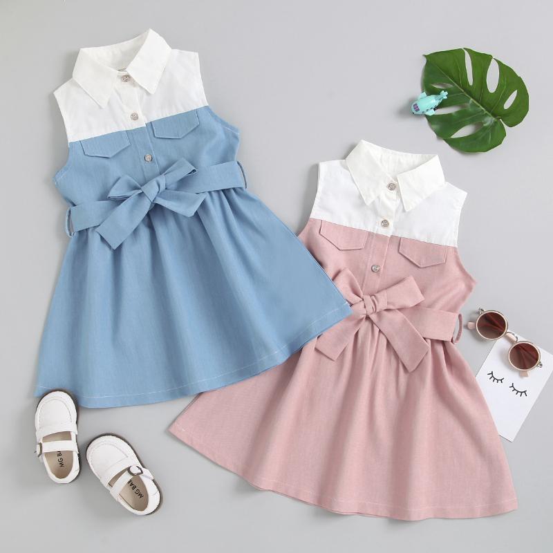 

Girl's Dresses 3 Colors Summer Lovely Kids Girls Dress With Belt Solid Patchwork Sleeveless Turn Down Collar A-Line Sundress 2-7YGirl's, Blue