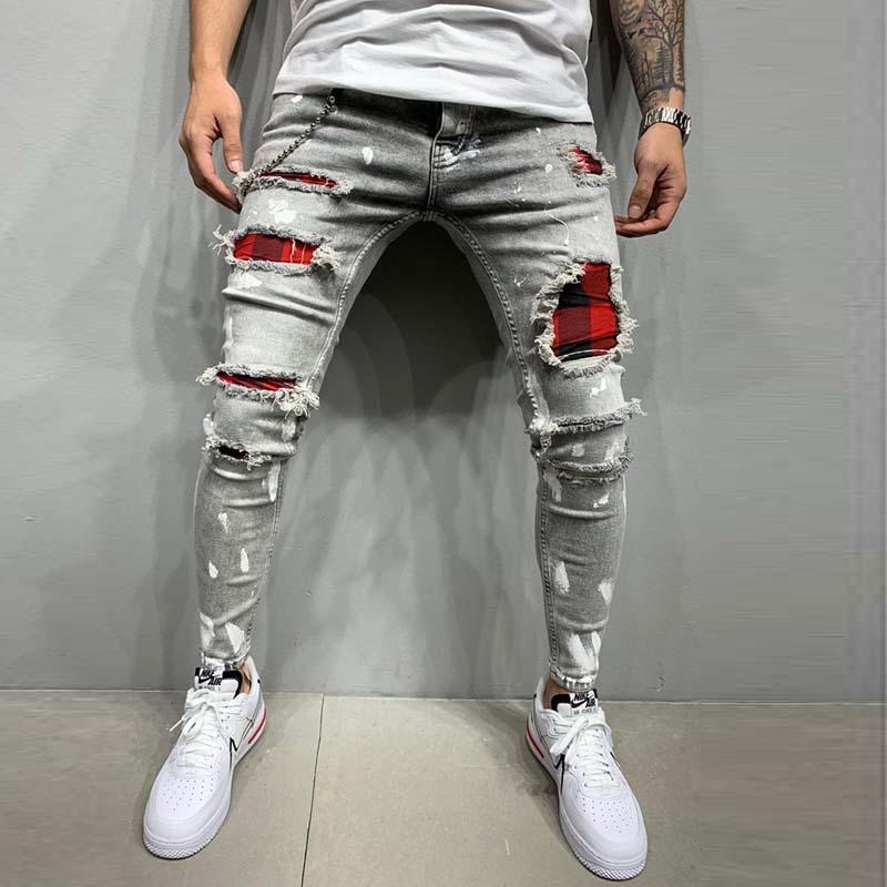 

Men's Jeans Mens Distressed Pleated Knee Patch Painted Stretch Skinny Ripped Denim Pants Brand Hip Hop Black Casual Trousers For MenMen's, Light blue 221957