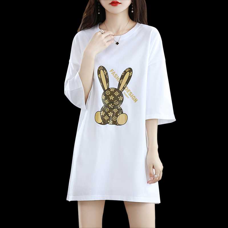 

Women's T-Shirt Summer Combed Cotton Printed Short-Sleeved Loose Women's Long Plus Size Round Neck Pullover Korean Version All-Match Top, White