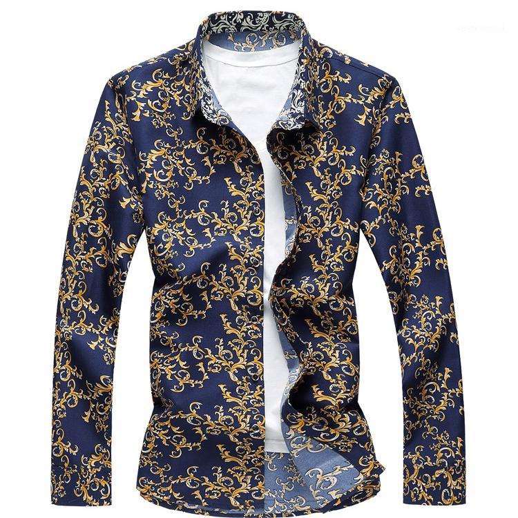 

Men's Casual Shirts 7XL Mens Dress Slim Long Sleeve Printed Shirt With Turn Down Collar 2 Colors Big Size