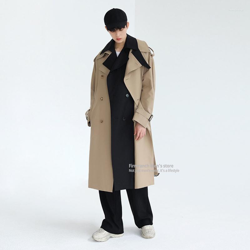

Men's Trench Coats Firmranch Korean Style False Two Pieces Coat Classic Khaki Long Men Windbreaker Fall Smart Casual Loose British Jackets K