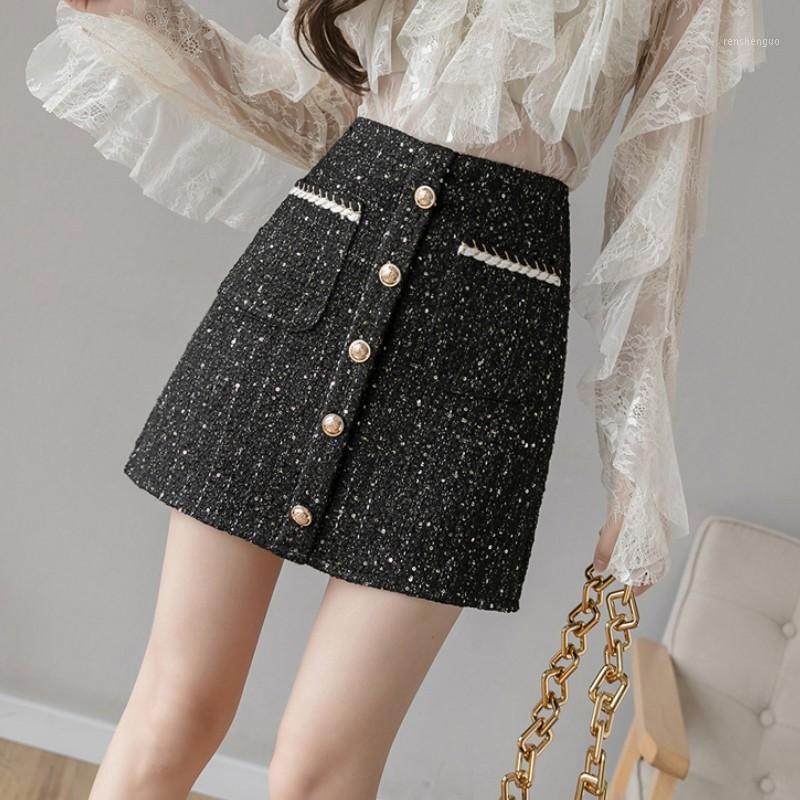 

Skirts ZAWFL Women Tweed Skirt 2022 Korean Of Autumn/winter High Waist Slimming A Fashion Double-breasted Mini, Picture color